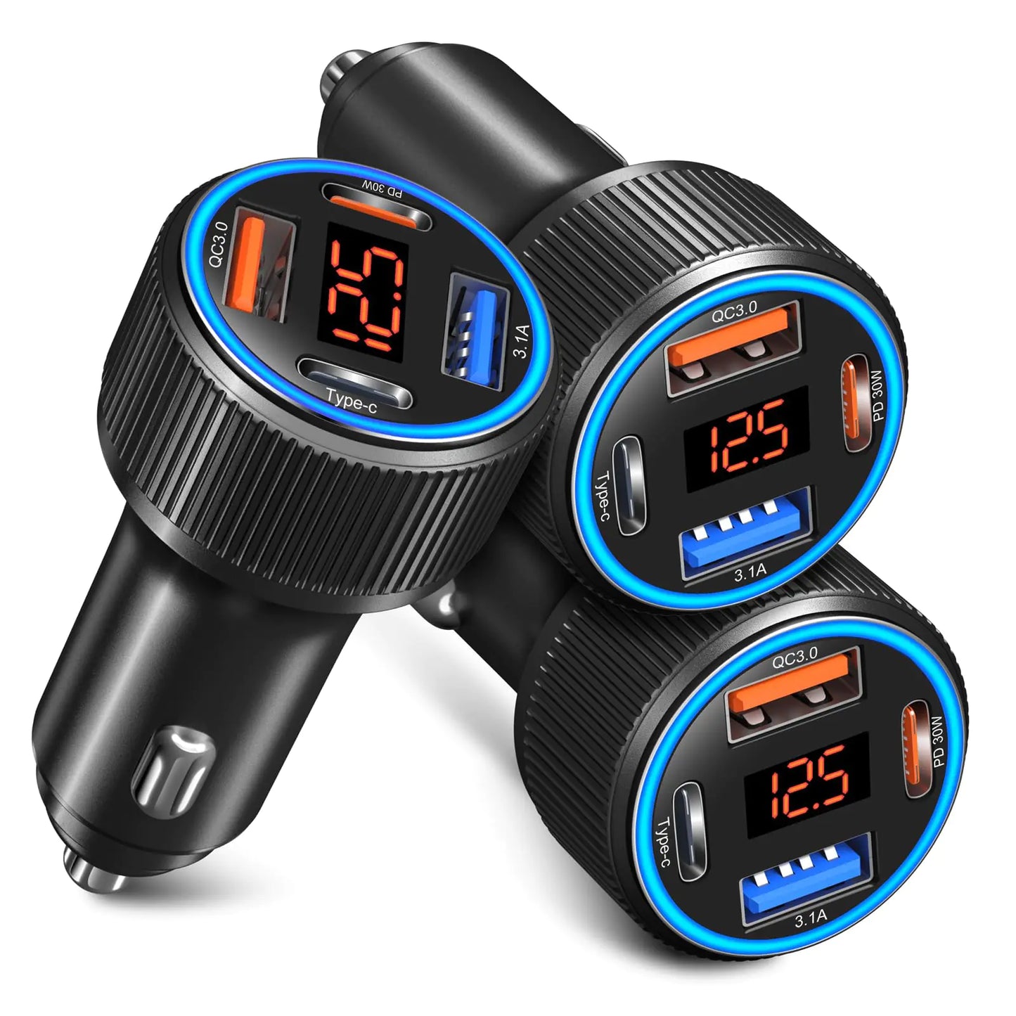 USB C Car Charger, 3 Pack 65W Car Charger Adapter Multi Port QC 3.0+PD 30W Super Fast Cigarette Lighter 12V USB Charger with Voltmeter for iPhone 16/15/14/13/12/11 Pro Max,Samsung,Android(Gray)