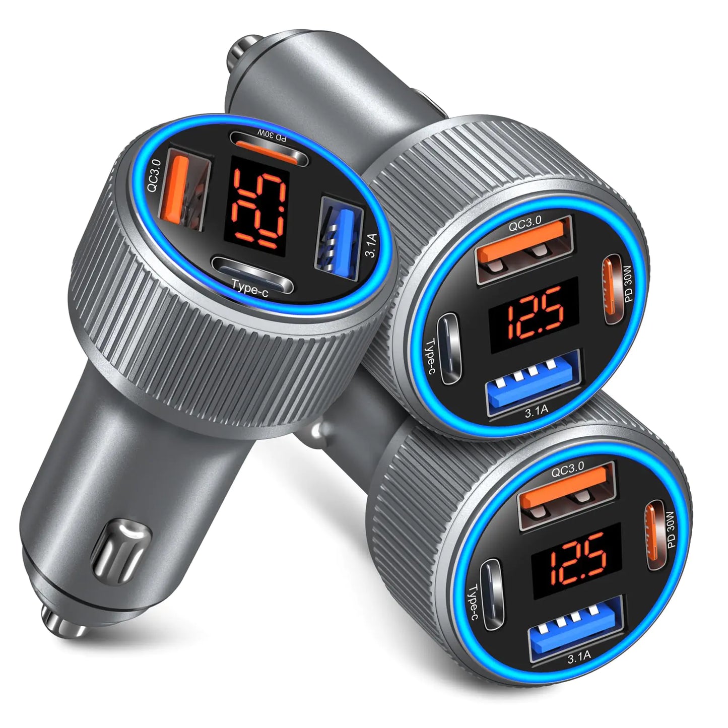 USB C Car Charger, 3 Pack 65W Car Charger Adapter Multi Port QC 3.0+PD 30W Super Fast Cigarette Lighter 12V USB Charger with Voltmeter for iPhone 16/15/14/13/12/11 Pro Max,Samsung,Android(Gray)